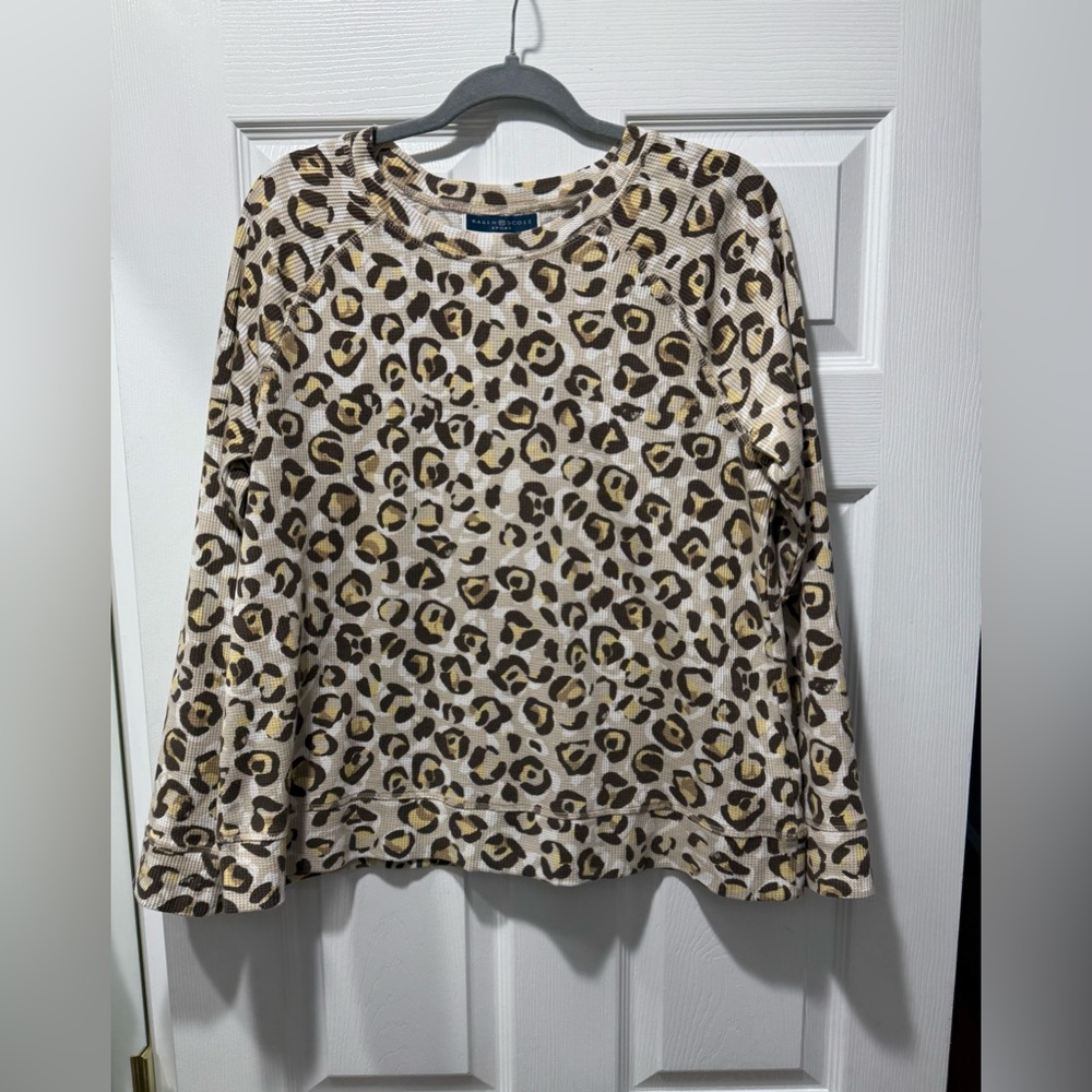 Animal Print Karen Scott Sport Waffle knit thermal crew neck Top Large